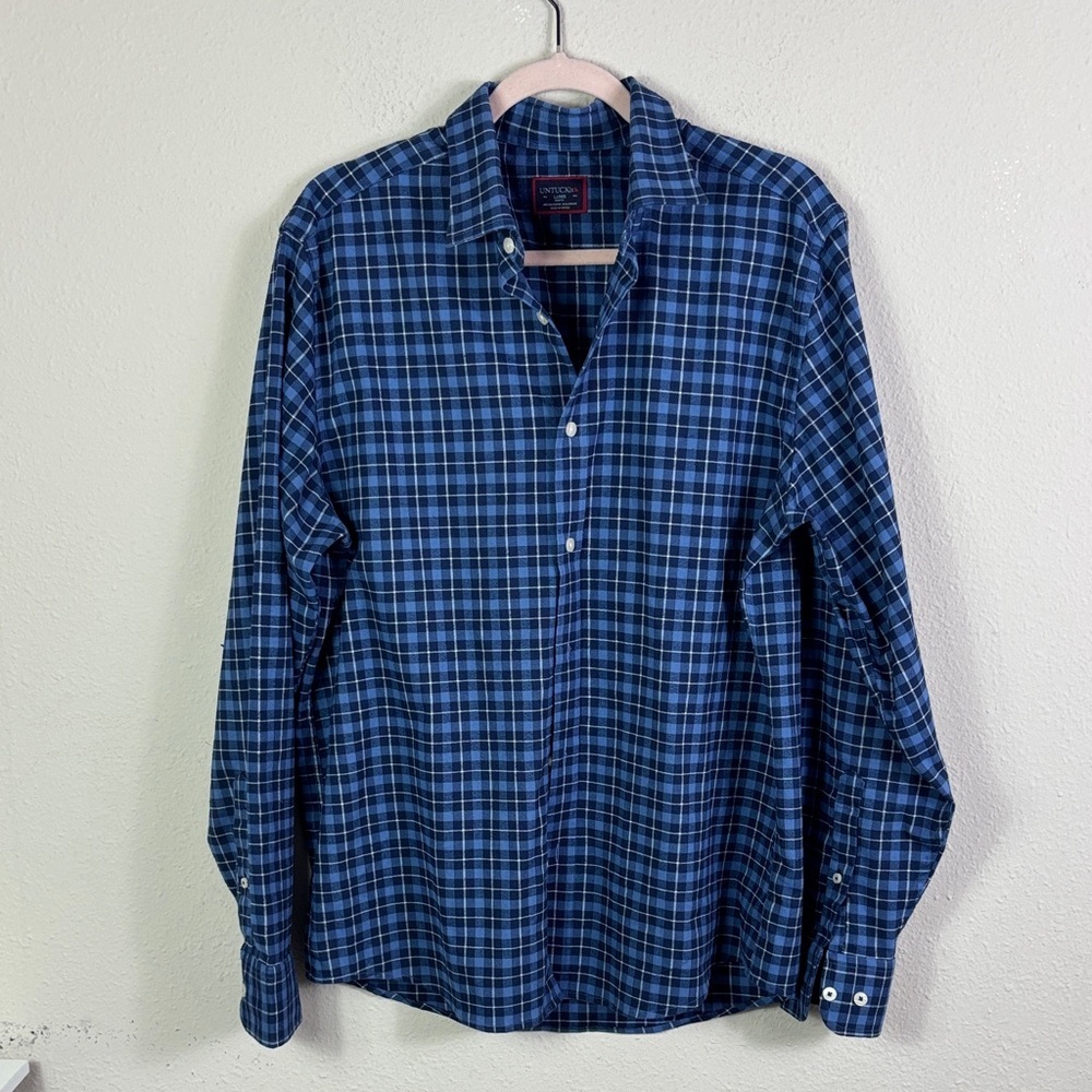 Untuckit Flannel Plaid Blue Button Down Shirt size Large